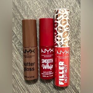 Lot of 3 NYX Lip Gloss Filler Instinct Besos Smooth Whip Cherry Butter Cinnamon